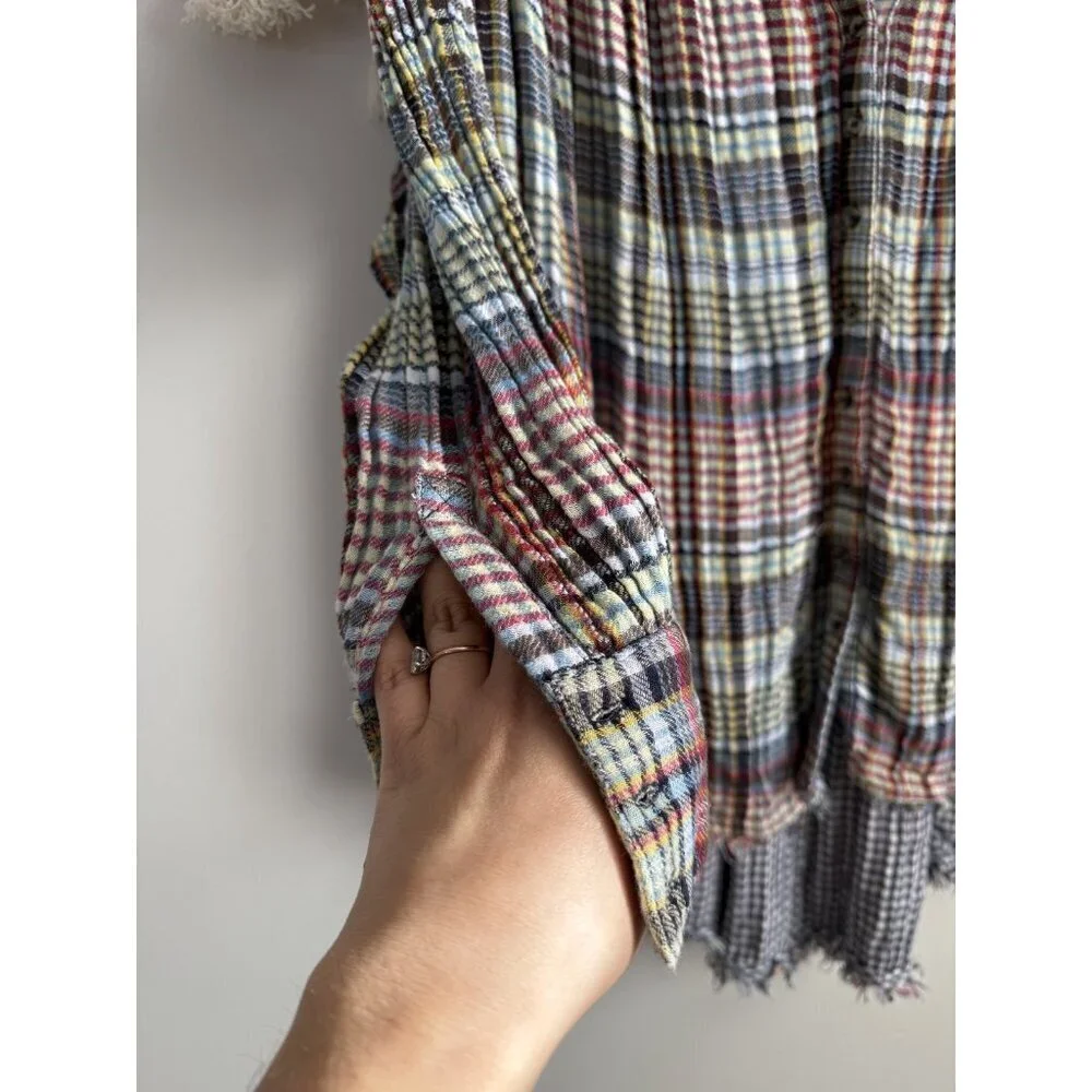 Free People Come On Over Multicolor Plaid Pleated Flowy Oversized Top Boho S
